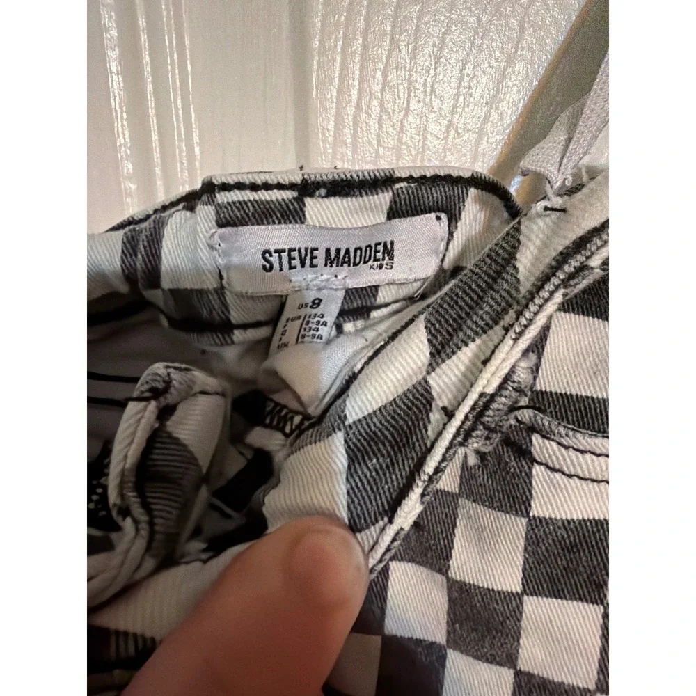 Steve Madden Kids Girls Checkered Denim Mini Skirt Black White Frayed Hem Size 8